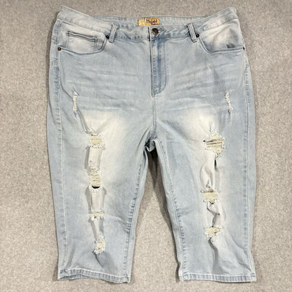Hybrid & Co Women's Distressed Capri Jeans Light Wash Ripped Denim Size 20